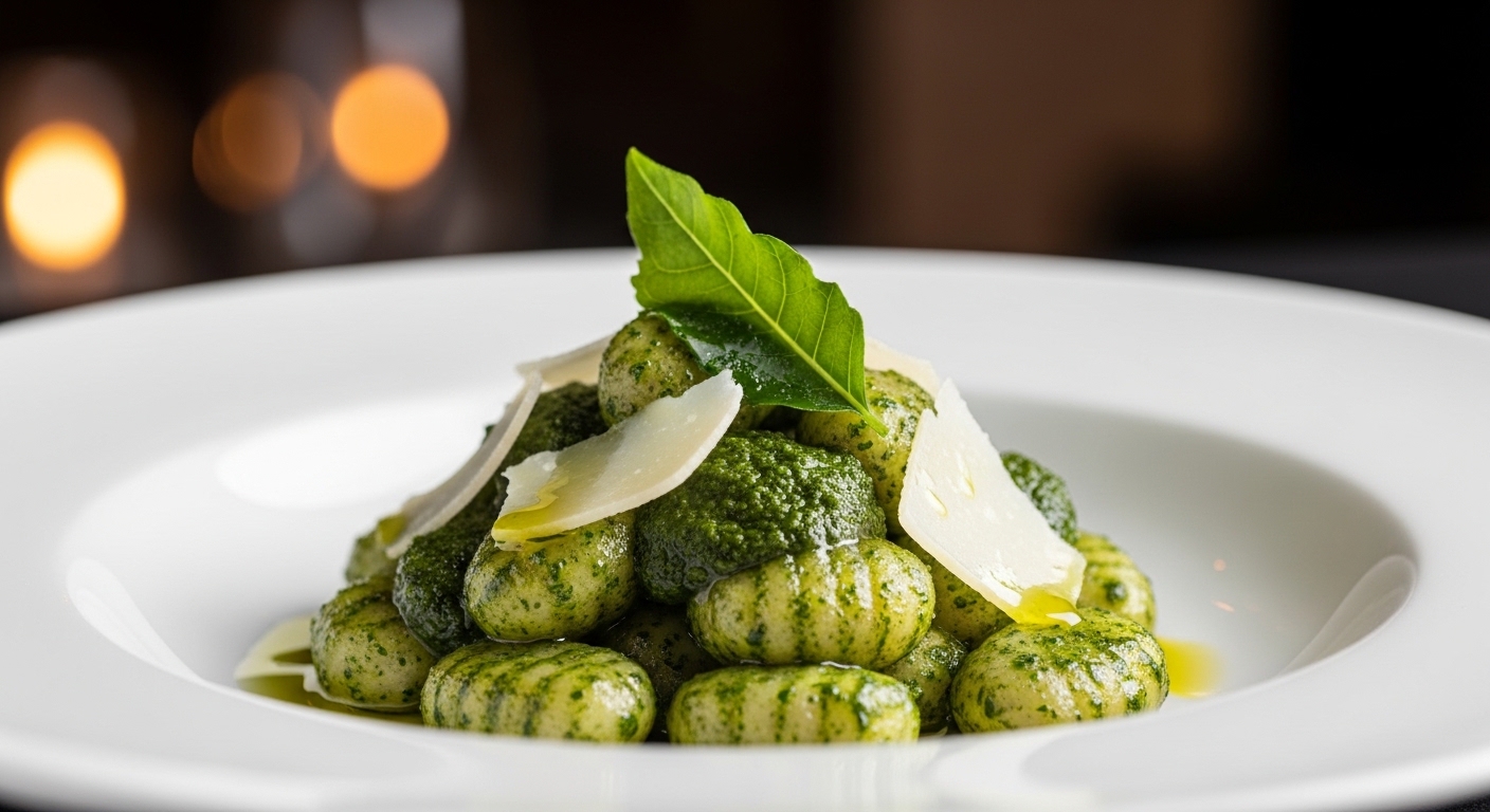 고급스러운 접시에 담긴 진한 초록빛 감태 페스토 뇨끼 요리