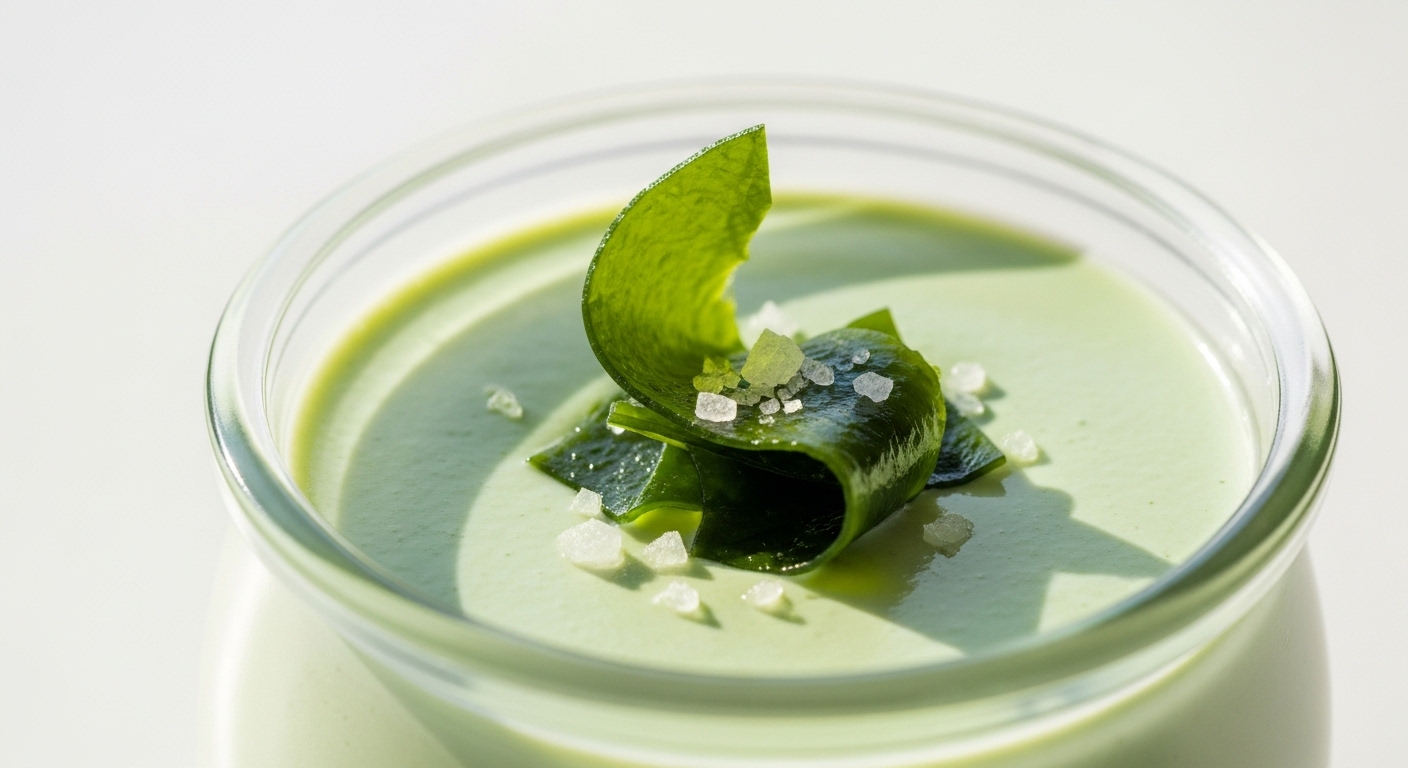 투명한 유리병에 담긴 연초록색 감태 푸딩과 그 위의 소금 결정 토핑