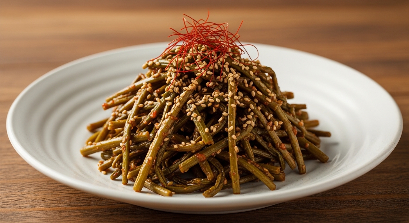 정갈한 접시에 담긴 고소하고 부드러운 고사리 나물 볶음 완성 요리