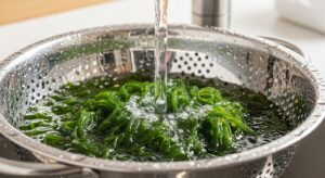 주방 싱크대에서 흐르는 물에 깨끗하게 세척되고 있는 싱싱한 고시래기