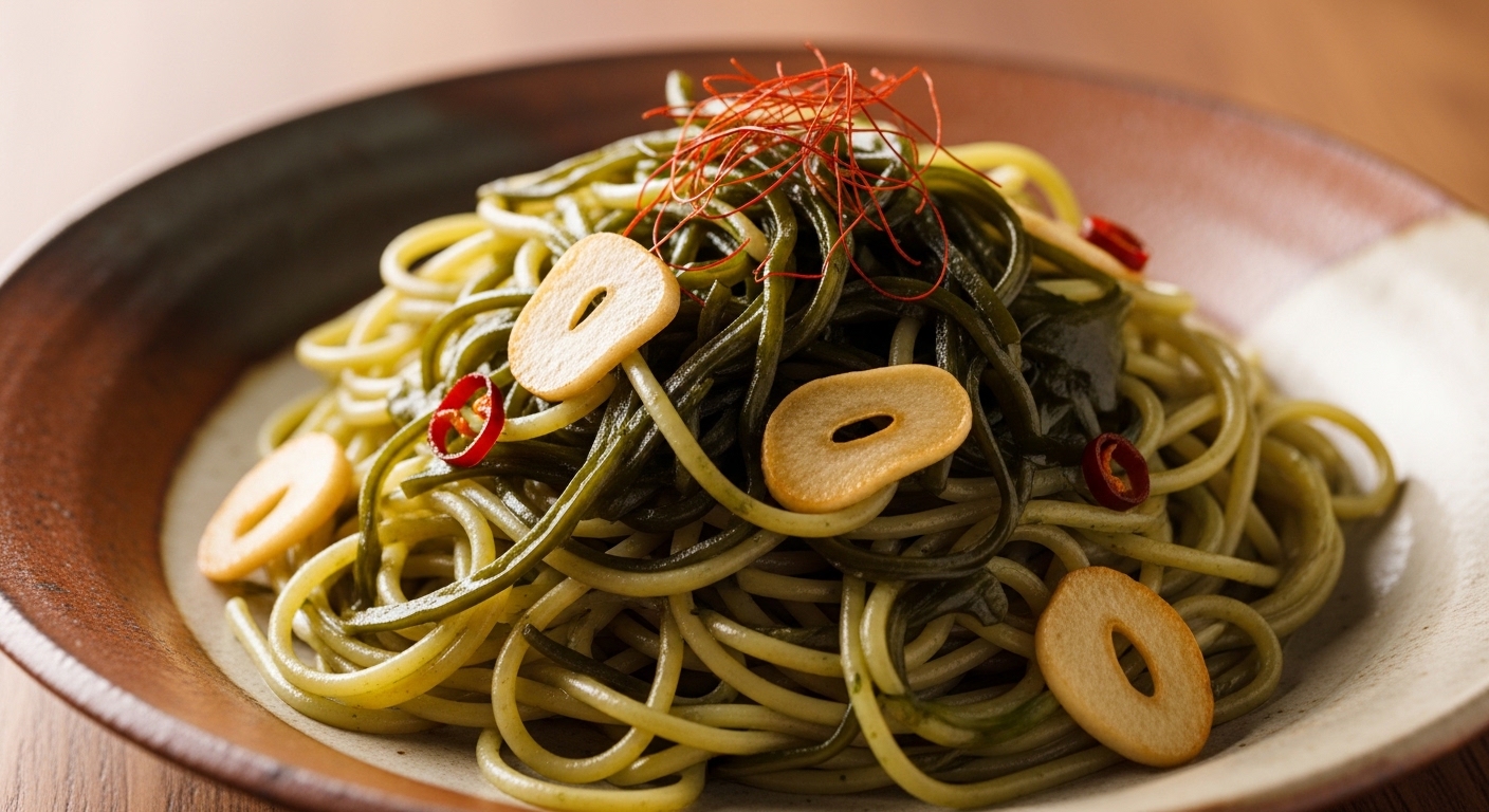 세라믹 접시에 담긴 고소한 마늘향의 고시래기 알리오 올리오 파스타