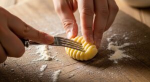 밀가루를 뿌린 나무 도마 위에서 포크로 모양을 내고 있는 수제 감자 뇨끼