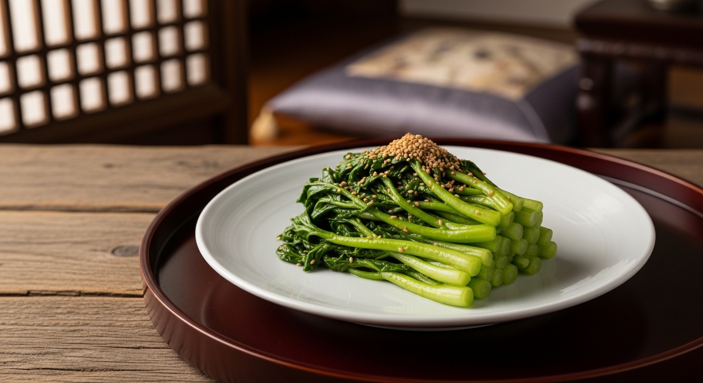 정갈하게 무쳐진 어수리 나물이 담긴 고급스러운 도자기 접시