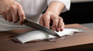 깨끗한 주방 도마 위에서 신선한 웅어를 얇게 썰어내는 요리사의 손길