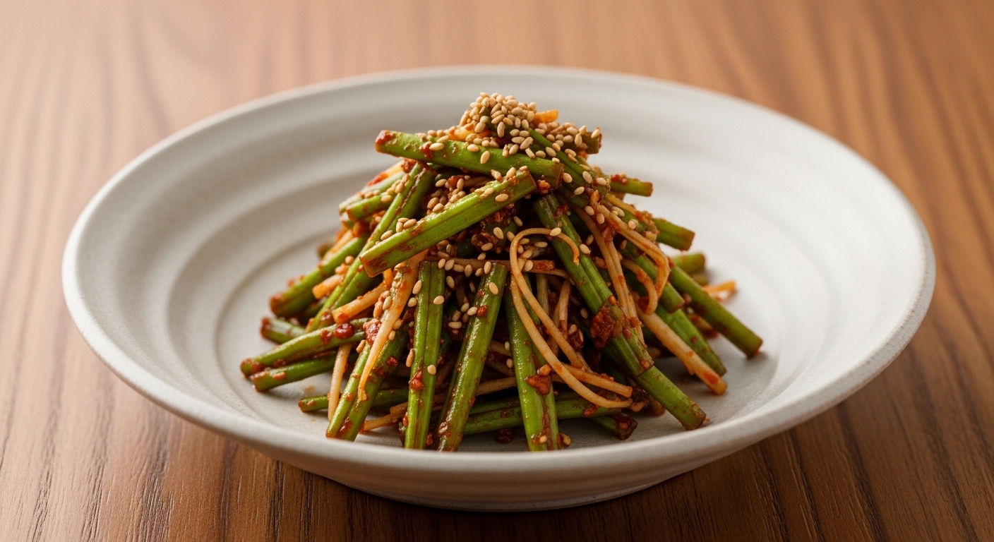 정갈하게 무쳐진 원추리 나물 무침이 담긴 평화로운 느낌의 식탁 풍경