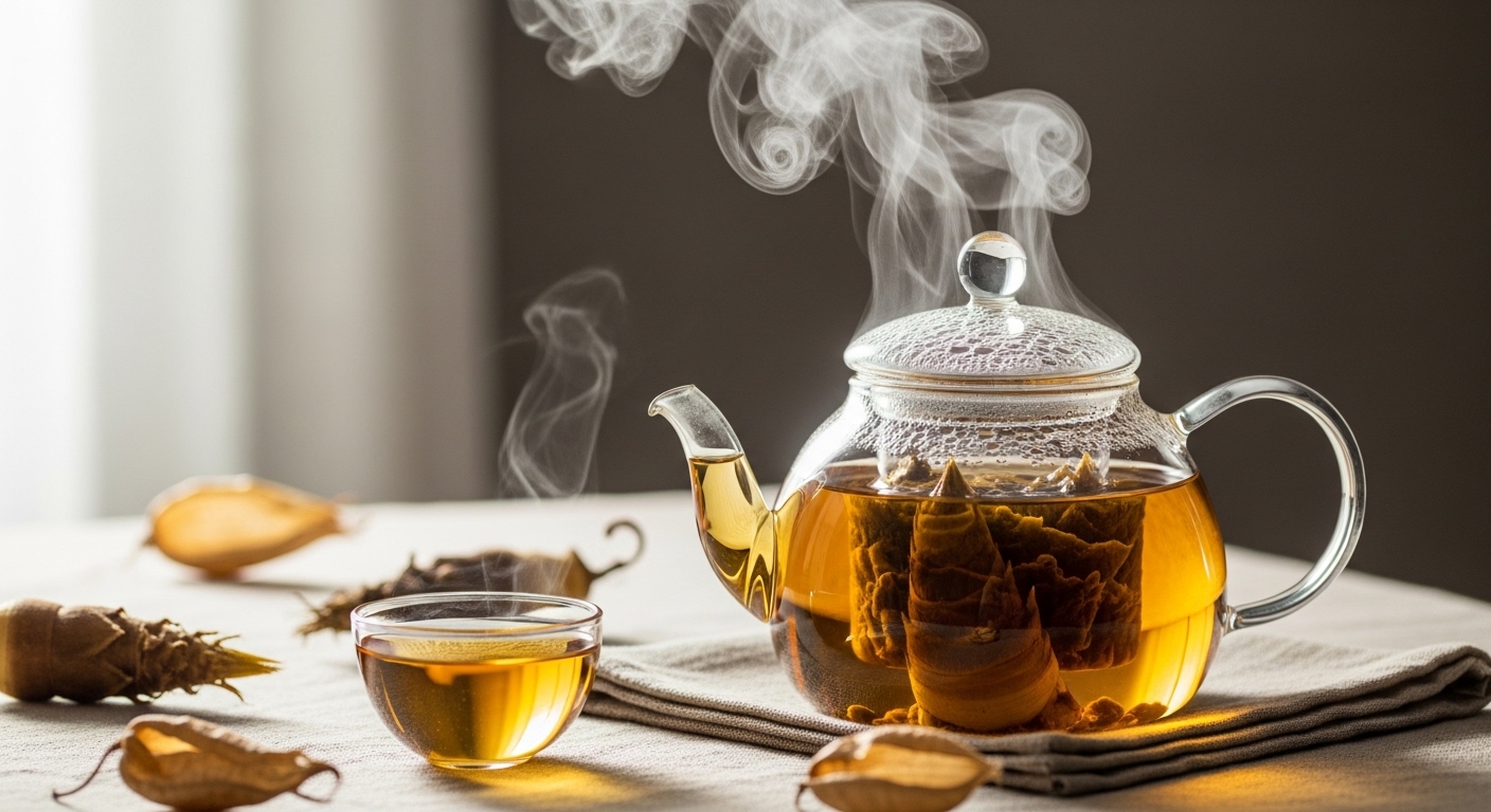 투명한 유리 다관에 담긴 맑은 황금빛의 죽순 껍질 차와 찻잔