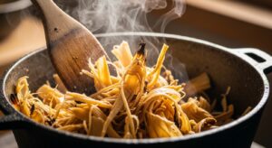 무쇠 가마솥에서 나무 주걱으로 정성스럽게 덖어지고 있는 죽순 껍질