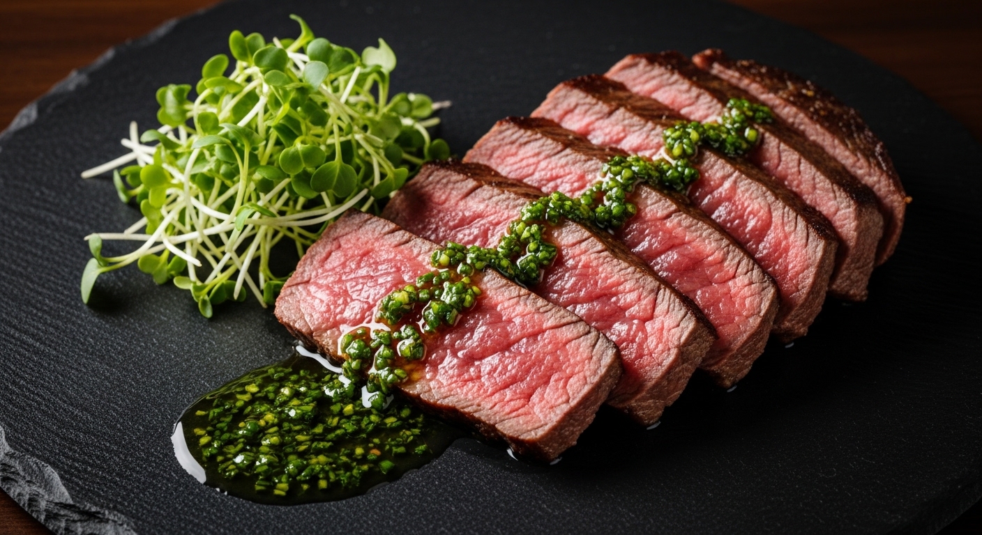 초록색 초피 오일 소스가 뿌려진 프리미엄 미디엄 레어 스테이크