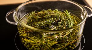 유리 소스팬에서 저온으로 올리브유에 우려내고 있는 초피와 허브