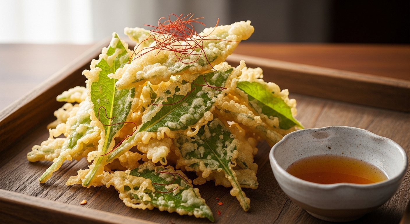 나무 쟁반 위 소담하게 담긴 바삭한 컴프리 잎 튀김과 소스 종지