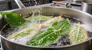 뜨거운 기름솥에서 황금빛 반죽을 입고 바삭하게 튀겨지는 컴프리 잎