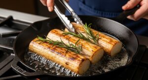 뜨겁게 달궈진 팬에서 버터와 허브를 곁들여 노릇하게 구워지고 있는 토란대 뭉치