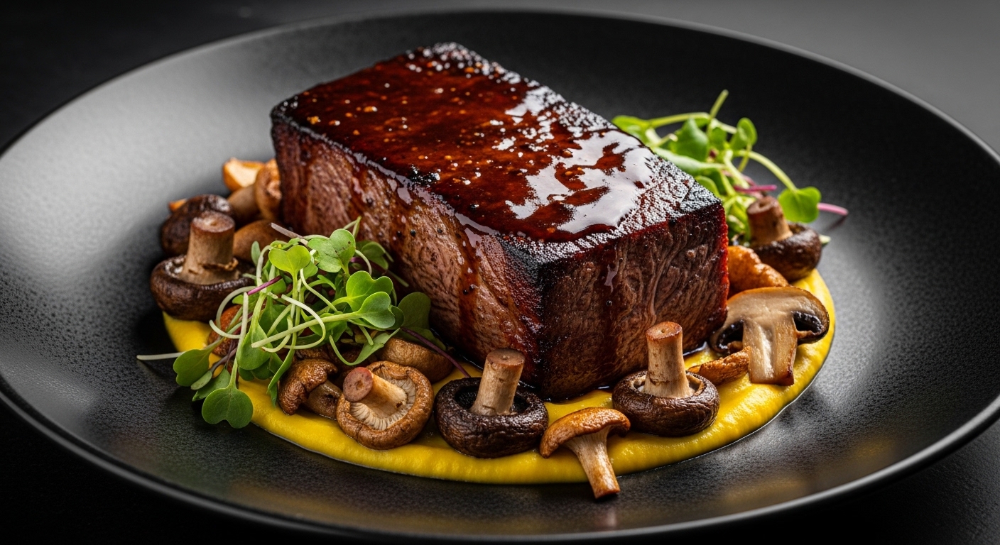 단호박 퓌레 위에 소담하게 담긴 된장 글레이즈 토란대 스테이크