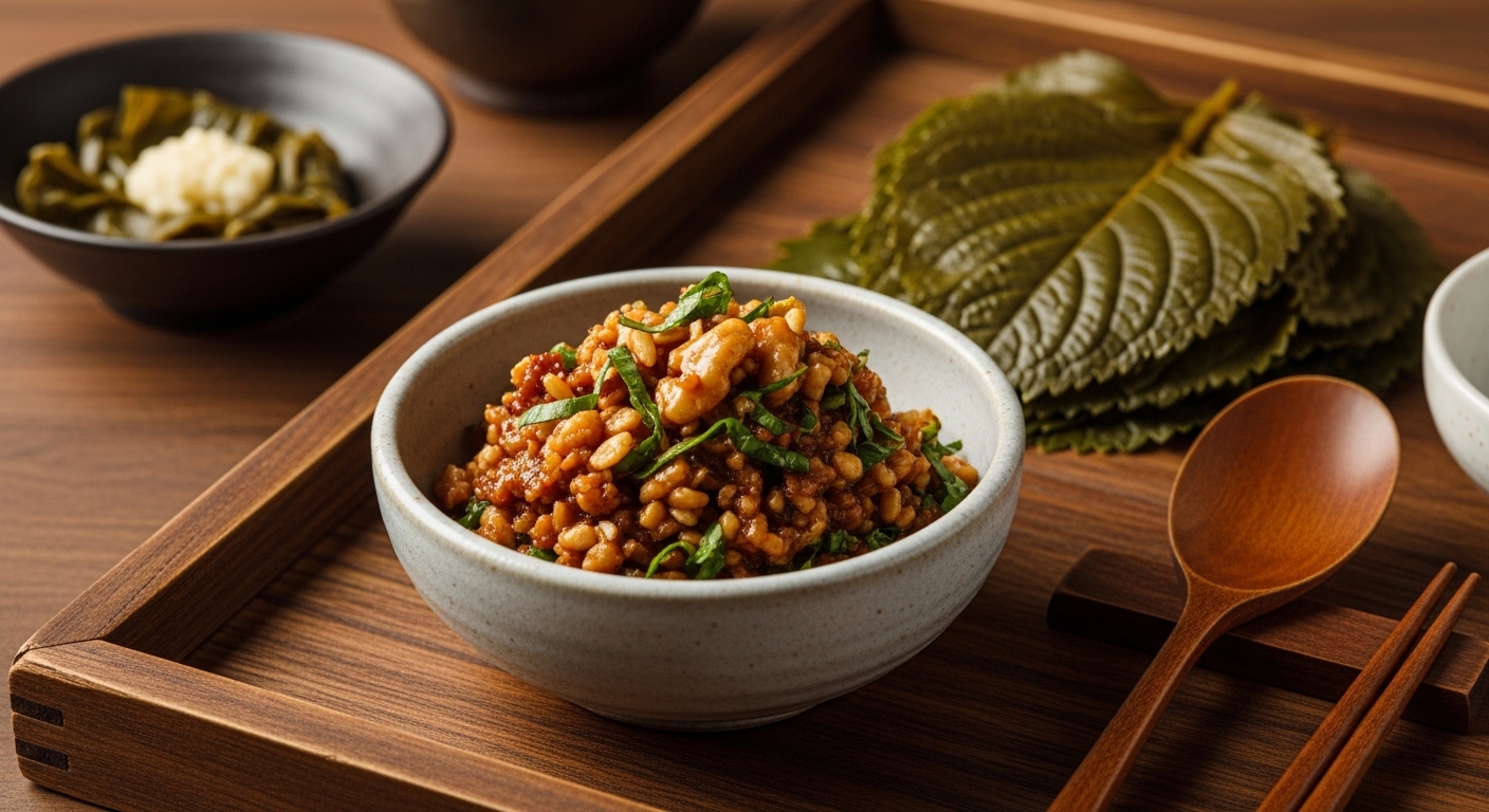 데친 곰취 잎과 함께 차려진 고소한 견과류 곰취 쌈장 완성 컷